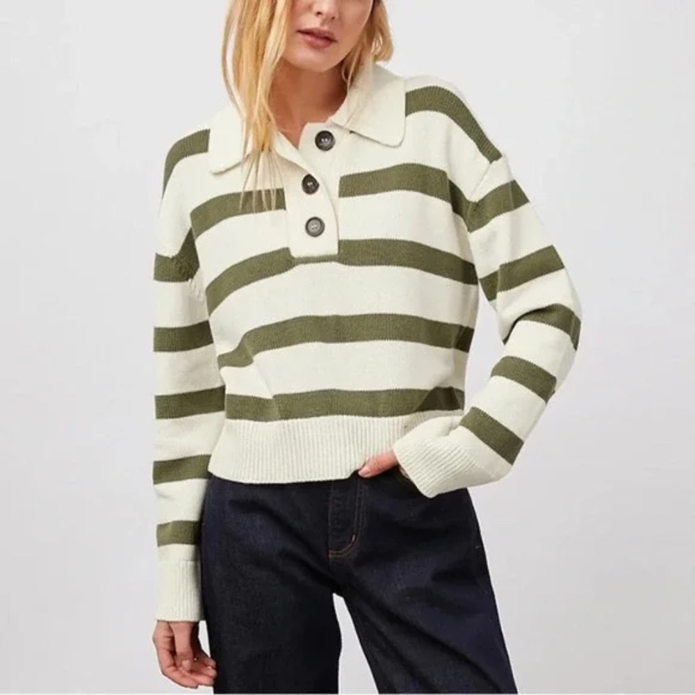 Rails Shae Sweater Polo Cotton Ivory Olive Striped Relaxed Pullover, Size XS